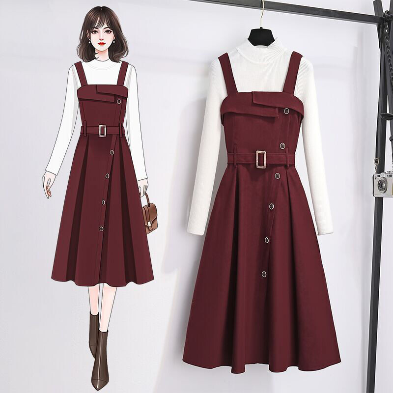 Moteriška suknelė su petnešėlėmis, naujo stiliaus rudeniui ir žiemai, mažas megztinis su raudonu sijonu, dviejų dalių kostiumėlis