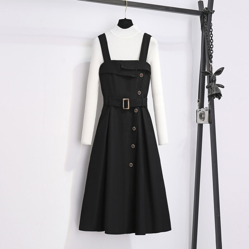 Moteriška suknelė su petnešėlėmis, naujo stiliaus rudeniui ir žiemai, mažas megztinis su raudonu sijonu, dviejų dalių kostiumėlis