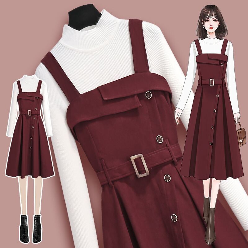 Moteriška suknelė su petnešėlėmis, naujo stiliaus rudeniui ir žiemai, mažas megztinis su raudonu sijonu, dviejų dalių kostiumėlis