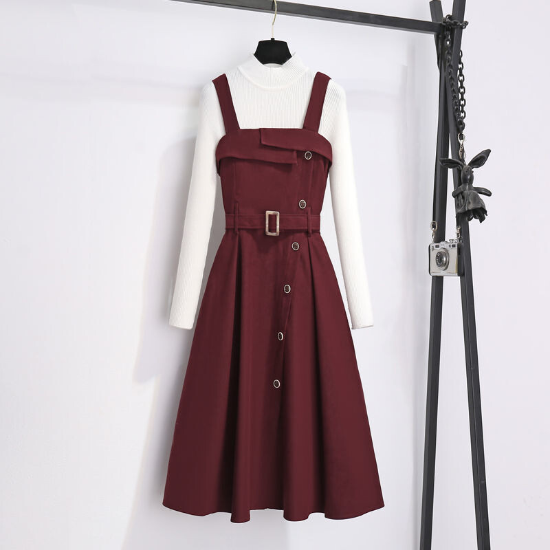 Moteriška suknelė su petnešėlėmis, naujo stiliaus rudeniui ir žiemai, mažas megztinis su raudonu sijonu, dviejų dalių kostiumėlis