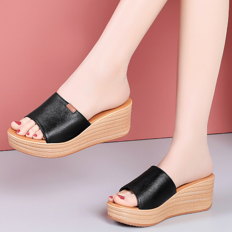 2024 лято нов корейски стил клиновидни сандали от телешка кожа дамски чехли с дебело дъно на висок ток дамска мода връхни дрехи от естествена кожа 33