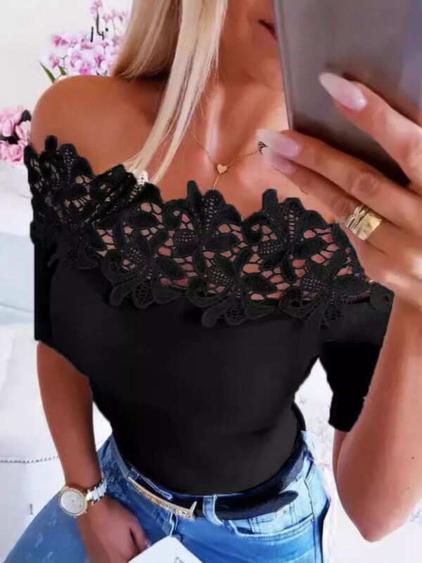 Европейски и американски трансгранични дамски горнища модни ежедневни едноцветни дантелени дантелени снаждащи се дамски тениски с къси ръкави, яка с едно рамо