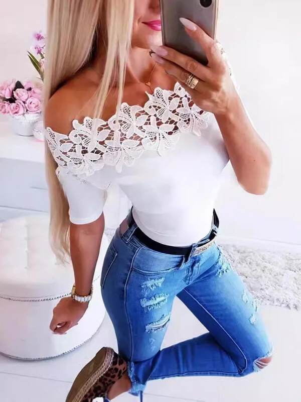 Европейски и американски трансгранични дамски горнища модни ежедневни едноцветни дантелени дантелени снаждащи се дамски тениски с къси ръкави, яка с едно рамо