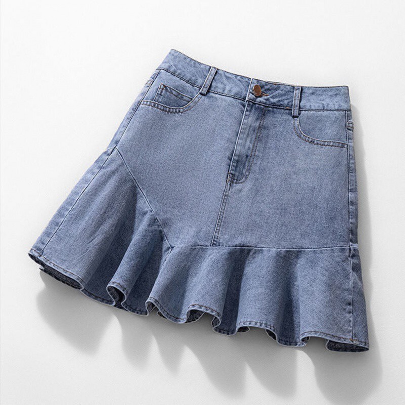 Дънкова пола със средна дължина 2024 г. Дамска дамска пола с висока талия, увита до ханша, тънка, неправилна рибешка опашка