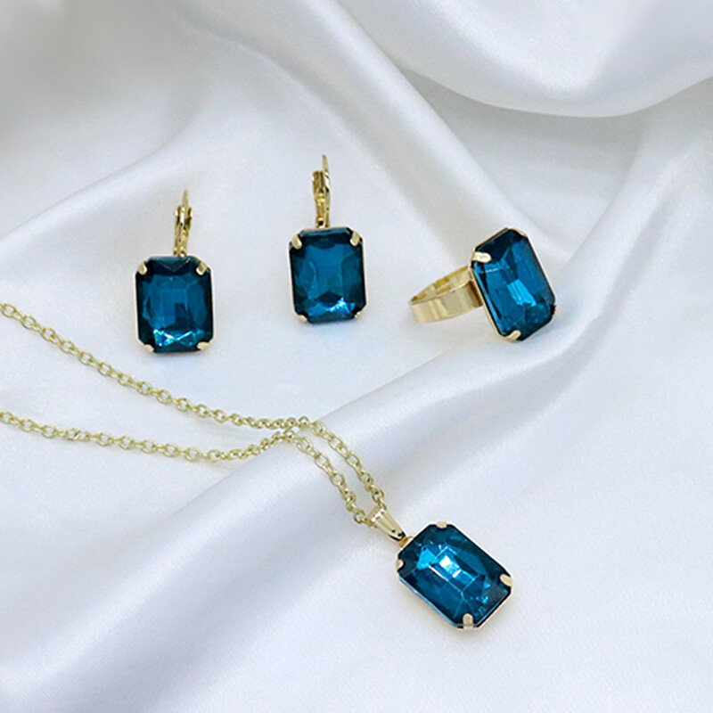 Нов висок клас лек луксозен стил, модерен многоцветен квадратен пръстен с циркон, обеци, висулка, колие Комплект от три части