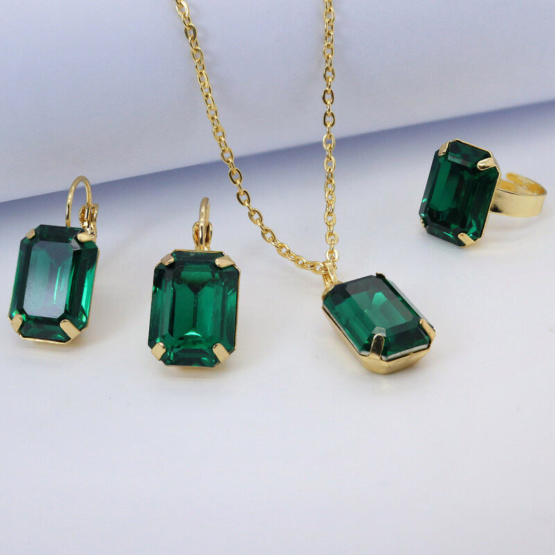 Нов висок клас лек луксозен стил, модерен многоцветен квадратен пръстен с циркон, обеци, висулка, колие Комплект от три части