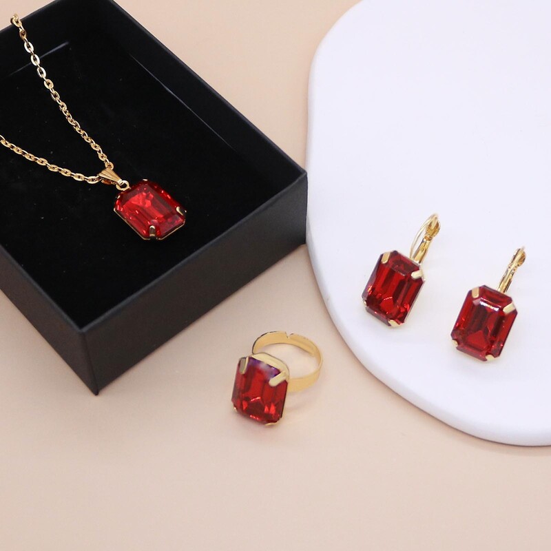 Нов висок клас лек луксозен стил, модерен многоцветен квадратен пръстен с циркон, обеци, висулка, колие Комплект от три части