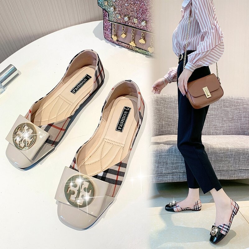 2024 de primăvară și vară, cu vârf pătrat, cu toc mic, carouri, plat, retro, stil Hong Kong, pantofi bunici, pantofi unici cu cataramă metalică, pantofi plati pentru femei