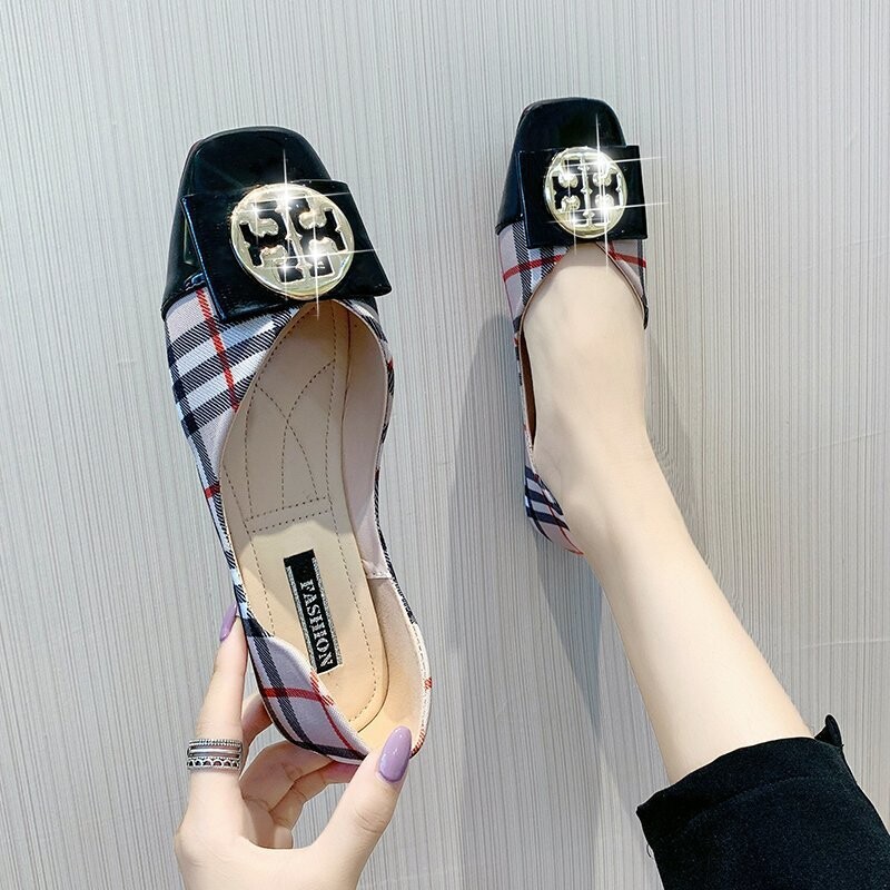 2024 de primăvară și vară, cu vârf pătrat, cu toc mic, carouri, plat, retro, stil Hong Kong, pantofi bunici, pantofi unici cu cataramă metalică, pantofi plati pentru femei