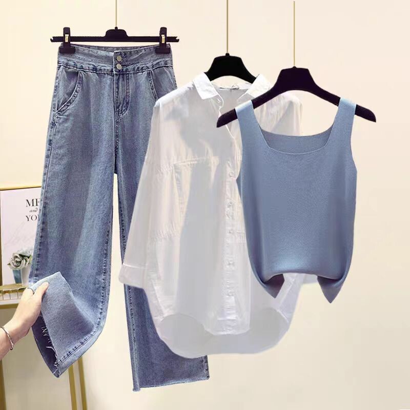 Moteriški didelio dydžio drabužiai 2024 m. nauji vasariniai trijų dalių kostiumai madingi temperamento marškinėliai viršutinė liemenė plonos džinsinės plačios kelnės