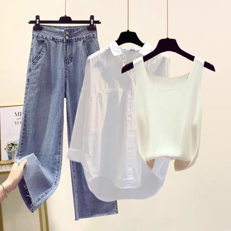 Moteriški didelio dydžio drabužiai 2024 m. nauji vasariniai trijų dalių kostiumai madingi temperamento marškinėliai viršutinė liemenė plonos džinsinės plačios kelnės