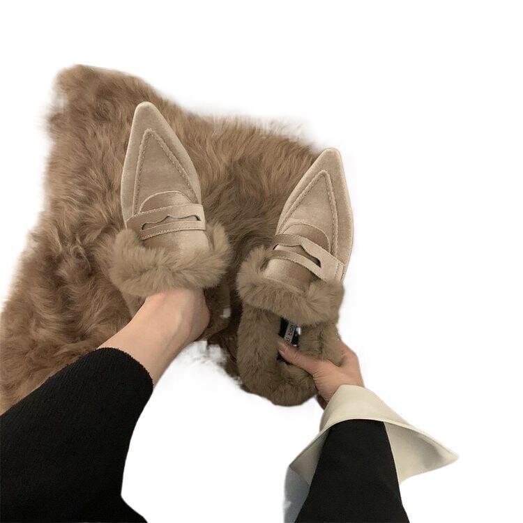 2024 papuci noi din bumbac de pluș cu vârfuri ascuțite pentru pantofi de exterior pentru femei toamna și iarna, încălțăminte cu plasă într-un singur pas, temperamentul celebrității Baotou