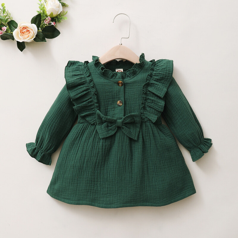 Момичета пролет и есен 2021 г. Нов горещ стил в корейски стил, малки и средни деца, дантелена рокля с кръгло деколте и дълъг ръкав, едноцветна рокля от памук и лен