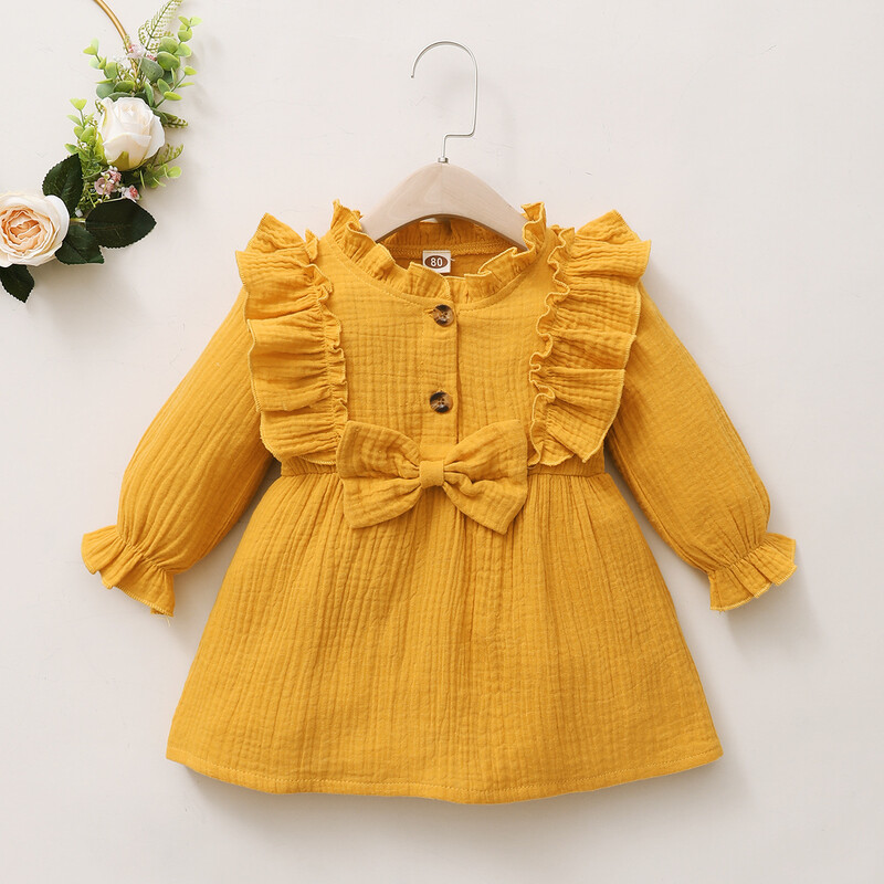 Момичета пролет и есен 2021 г. Нов горещ стил в корейски стил, малки и средни деца, дантелена рокля с кръгло деколте и дълъг ръкав, едноцветна рокля от памук и лен