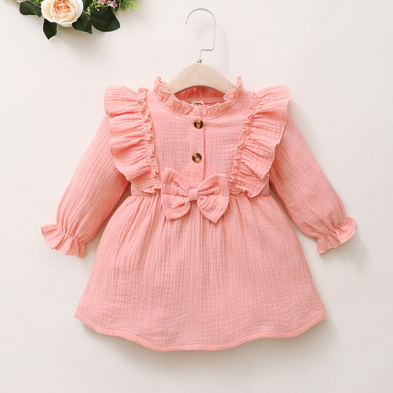 Момичета пролет и есен 2021 г. Нов горещ стил в корейски стил, малки и средни деца, дантелена рокля с кръгло деколте и дълъг ръкав, едноцветна рокля от памук и лен