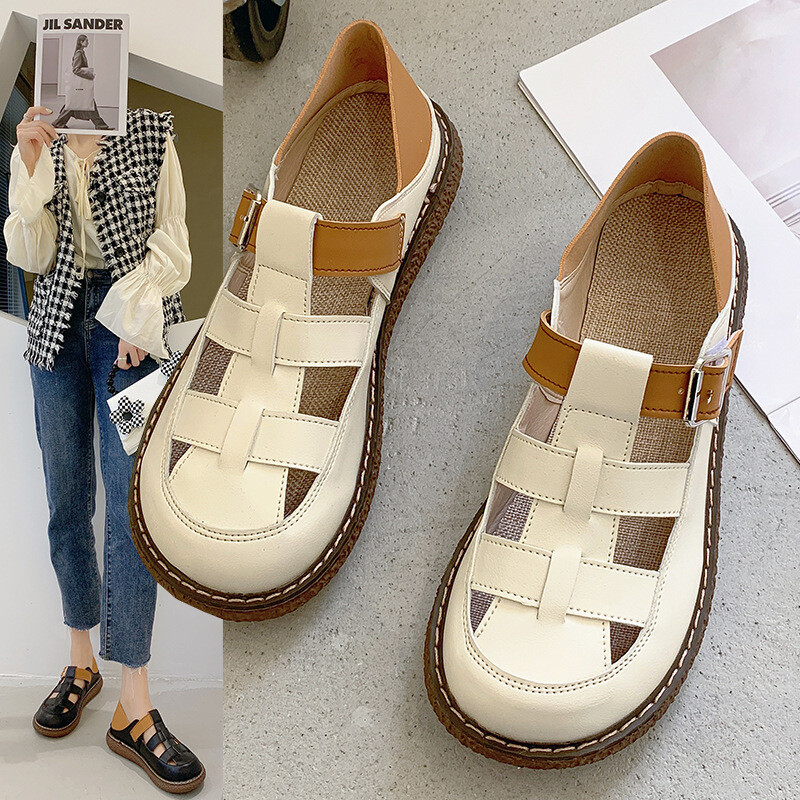 Пролет 2022 г. Нови римски сандали Дамски обувки с дебело дъно Ежедневни дамски обувки Baotou Hollow One-Work Buckle Единични обувки