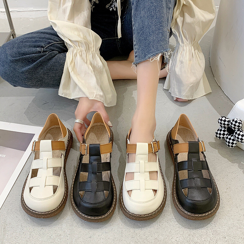 Пролет 2022 г. Нови римски сандали Дамски обувки с дебело дъно Ежедневни дамски обувки Baotou Hollow One-Work Buckle Единични обувки
