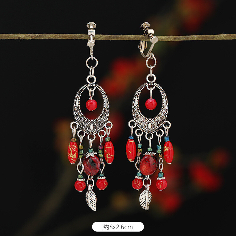 Спирални безболезнени щипки за уши за жени, етнически ретро обеци с дълги пискюли, бохемски обеци, обеци без пиърсинг