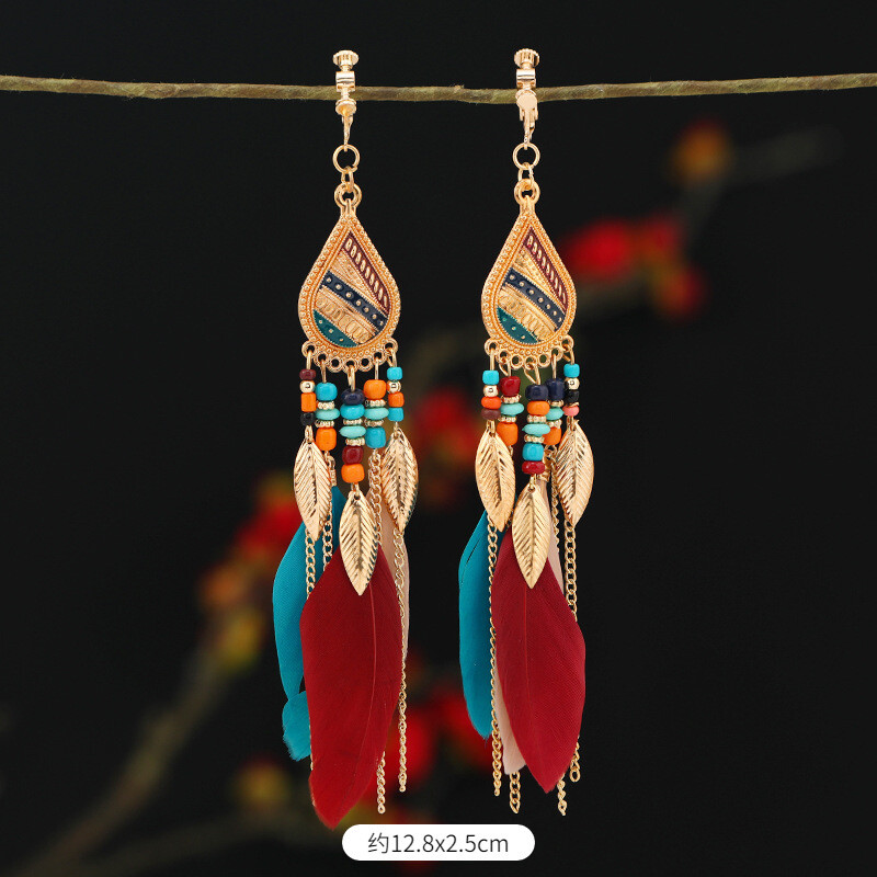 Спирални безболезнени щипки за уши за жени, етнически ретро обеци с дълги пискюли, бохемски обеци, обеци без пиърсинг