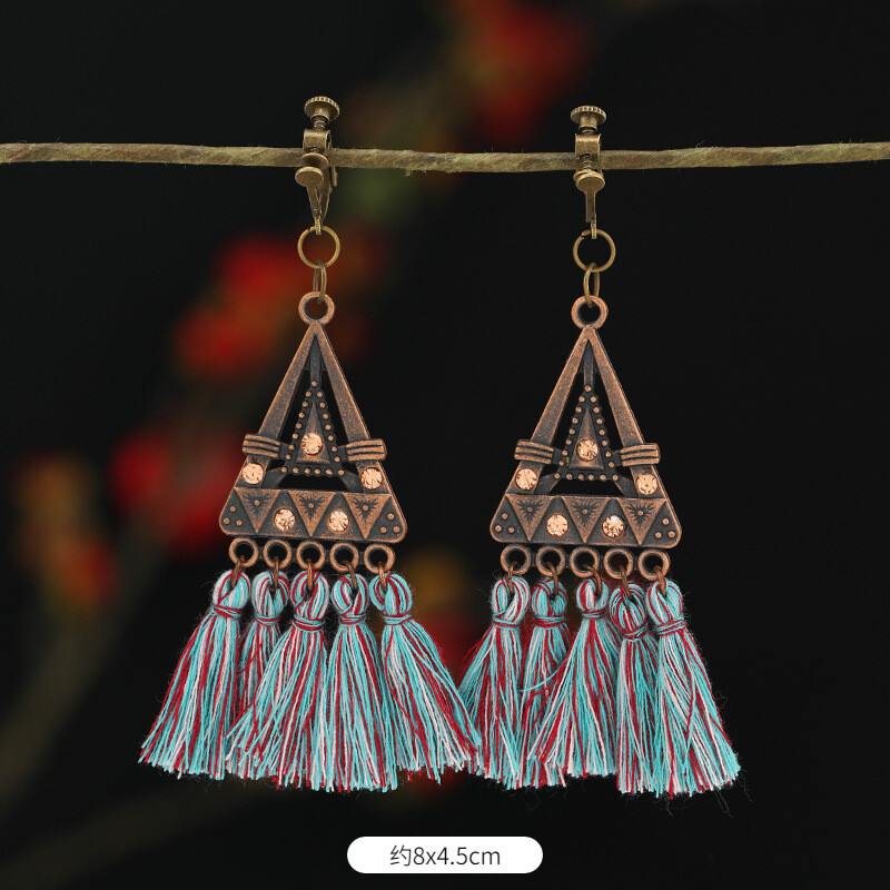 Спирални безболезнени щипки за уши за жени, етнически ретро обеци с дълги пискюли, бохемски обеци, обеци без пиърсинг