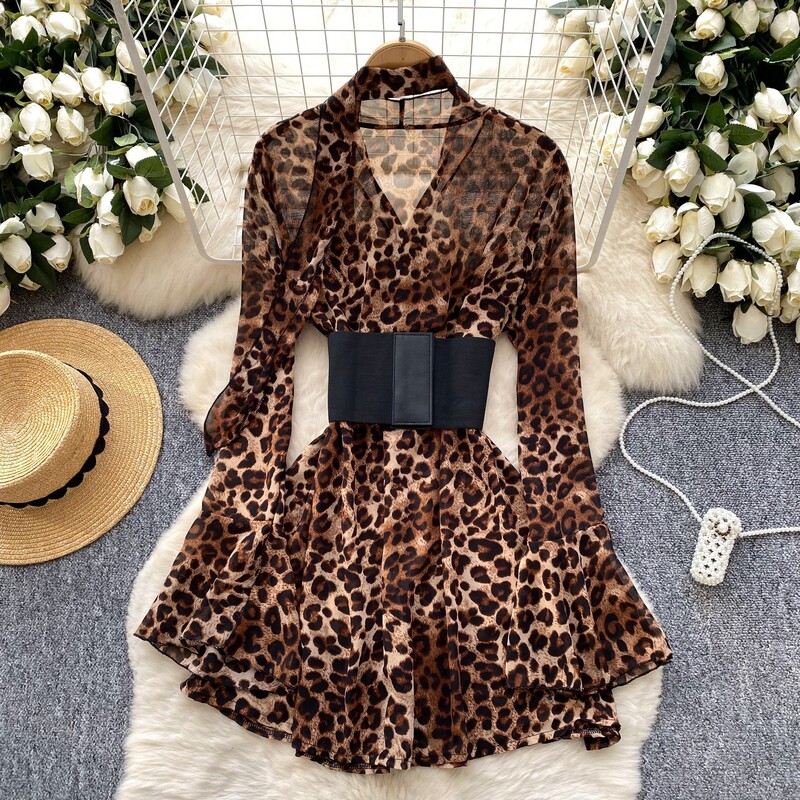 Светла зряла рокля с леопардова връзка на талията, женска френска модна панделка с дълъг ръкав, тънка А-силуетна рокля от шифон