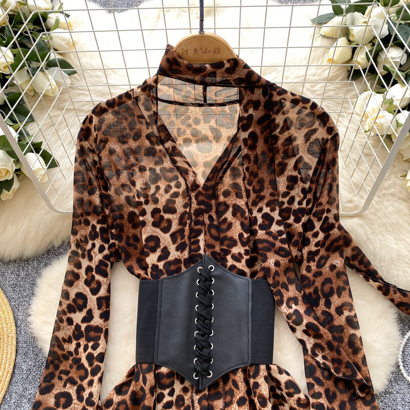 Светла зряла рокля с леопардова връзка на талията, женска френска модна панделка с дълъг ръкав, тънка А-силуетна рокля от шифон