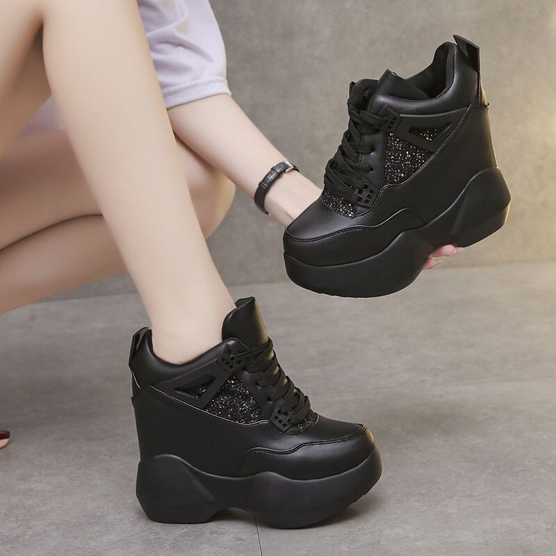 WD кухи, дишащи 12 см увеличаващи височината дамски обувки с дантелени клиновидни токчета Корейска версия Универсални бели спортни обувки с дебела подметка тенденция