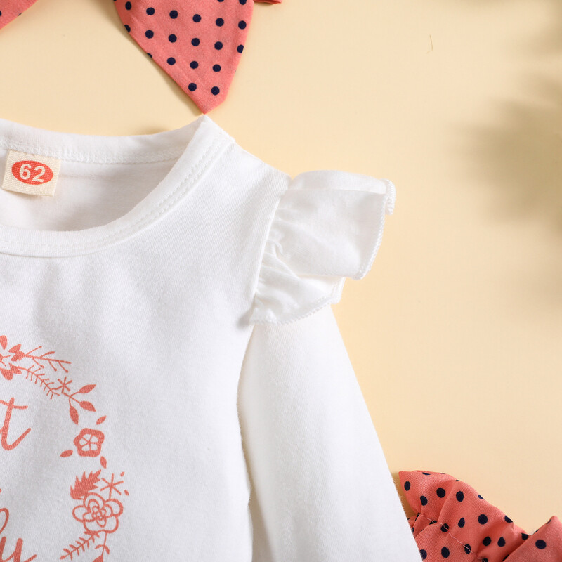 Трансгранични горещи разпродавани гащеризон с дълъг ръкав с щампи и розови панталони с волани на точки и костюм от три части със забрадка