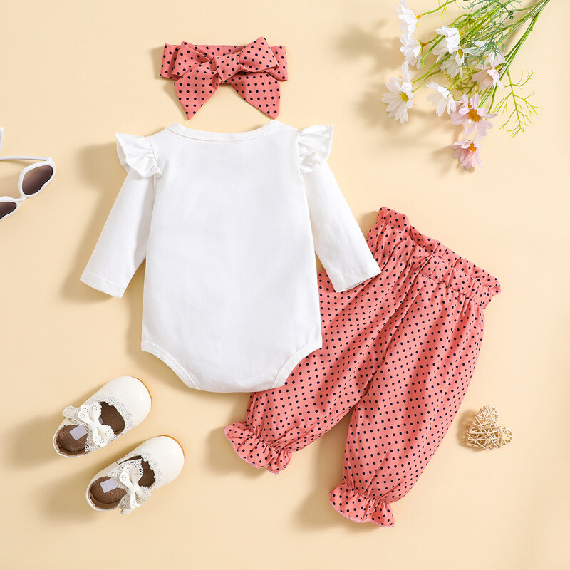 Трансгранични горещи разпродавани гащеризон с дълъг ръкав с щампи и розови панталони с волани на точки и костюм от три части със забрадка