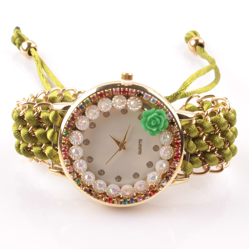 Етнически стил плетена сплав дамски часовник гривна часовник цветен диамантен часовник популярни бижута декорация подарък часовник