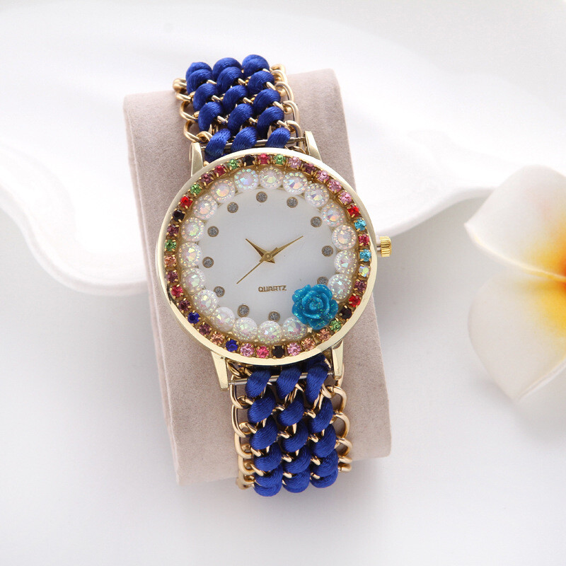 Етнически стил плетена сплав дамски часовник гривна часовник цветен диамантен часовник популярни бижута декорация подарък часовник