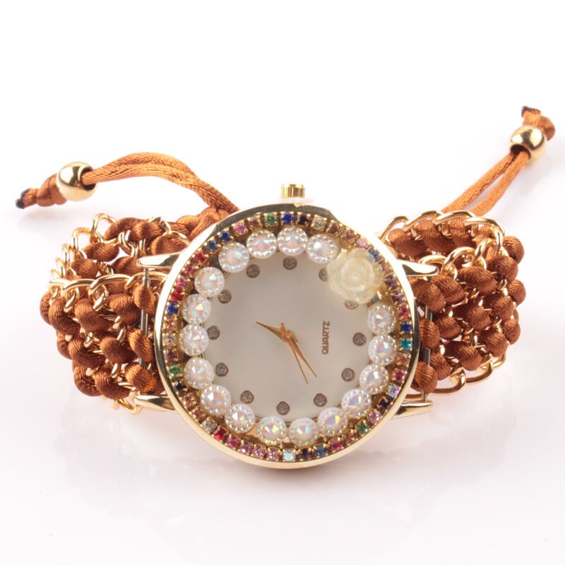 Етнически стил плетена сплав дамски часовник гривна часовник цветен диамантен часовник популярни бижута декорация подарък часовник