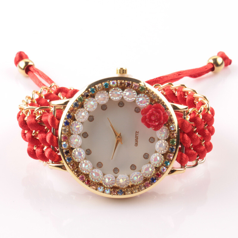 Етнически стил плетена сплав дамски часовник гривна часовник цветен диамантен часовник популярни бижута декорация подарък часовник