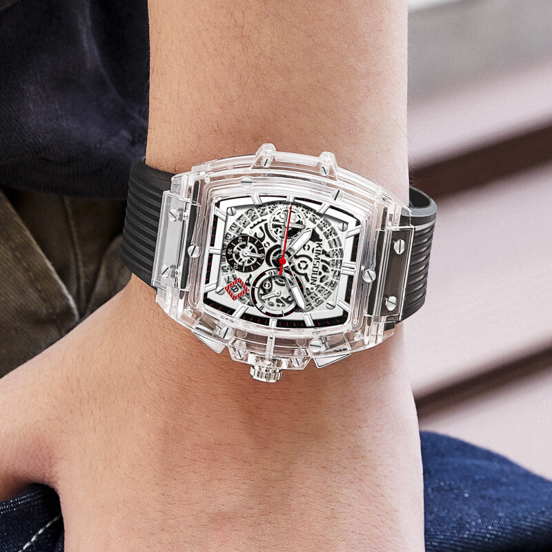 Нов многофункционален водоустойчив мъжки часовник с марка Jinshidun, прозрачни мъжки и дамски часовници във формата на варел, трансгранично предаване на живо, гореща разпродажба