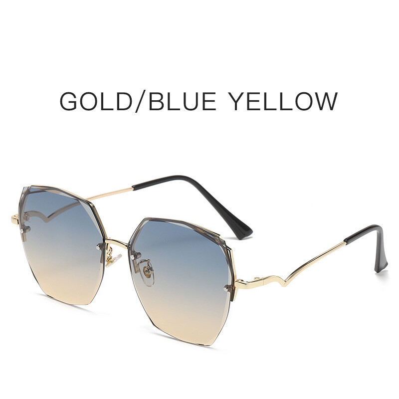 Нов стил модни дамски слънчеви очила без рамки, модни слънчеви очила с европейска и американска тенденция, очила с малък многоъгълник, които показват лице, на едро