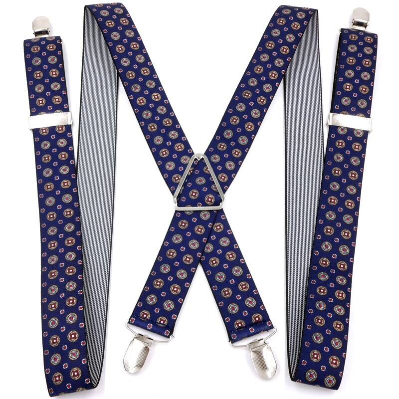 Muške hlače na tregere s četiri kopče za starije osobe i pune odrasle osobe koje nose trokutaste i četverostruke naramenice, šareni stilovi