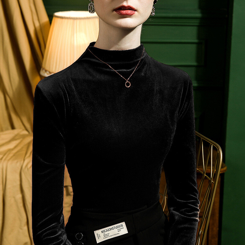 Кадифена риза с полувисока яка и долна част за жени, прилепнала есен и зима 2022 г. Вътрешно облекло Златна кадифена тениска с дълги ръкави Зимен топ Корейска версия