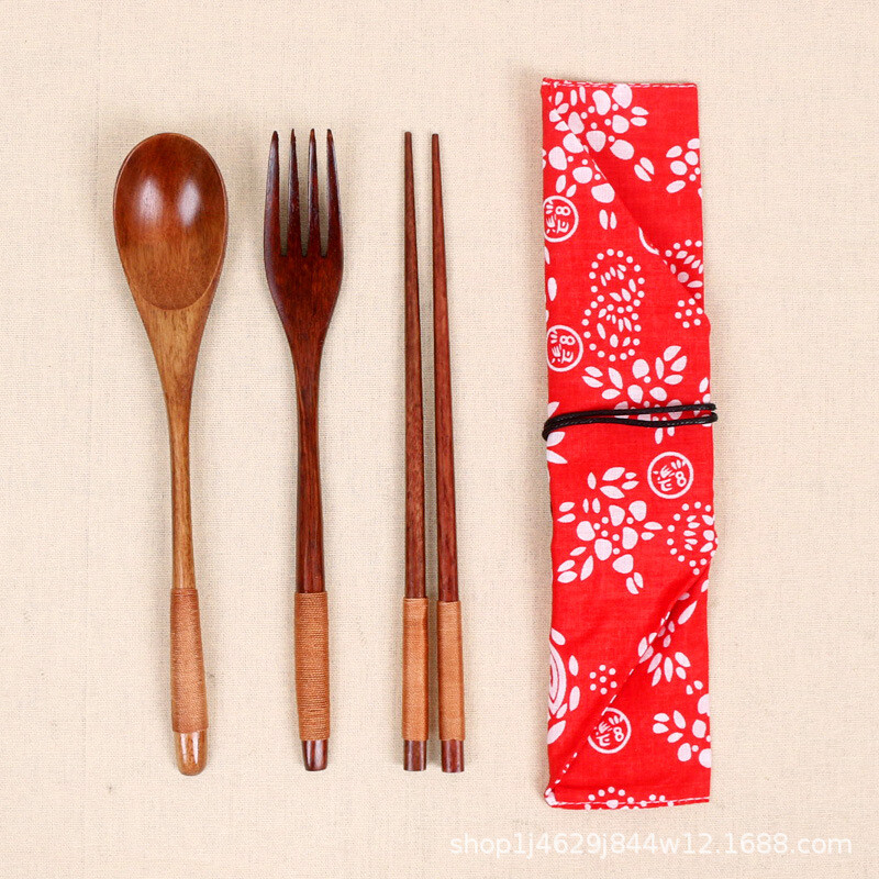 дървена японска и корейска тел, увита удобен комплект прибори за хранене, дървена вилица, лъжица, пръчици, комплект от три части, ученически дървени съдове за съхранение при пътуване
