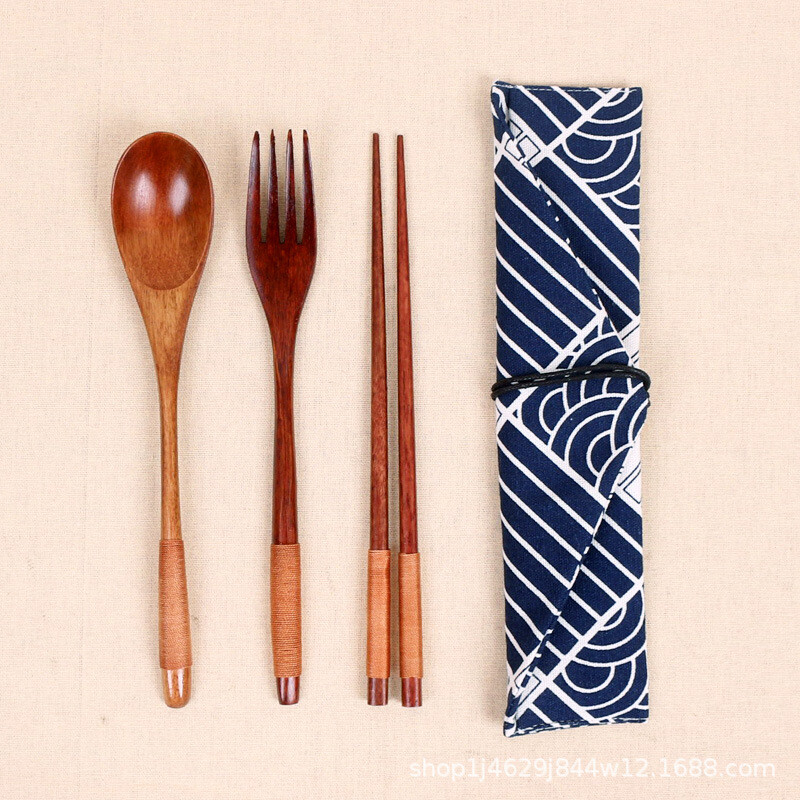 дървена японска и корейска тел, увита удобен комплект прибори за хранене, дървена вилица, лъжица, пръчици, комплект от три части, ученически дървени съдове за съхранение при пътуване