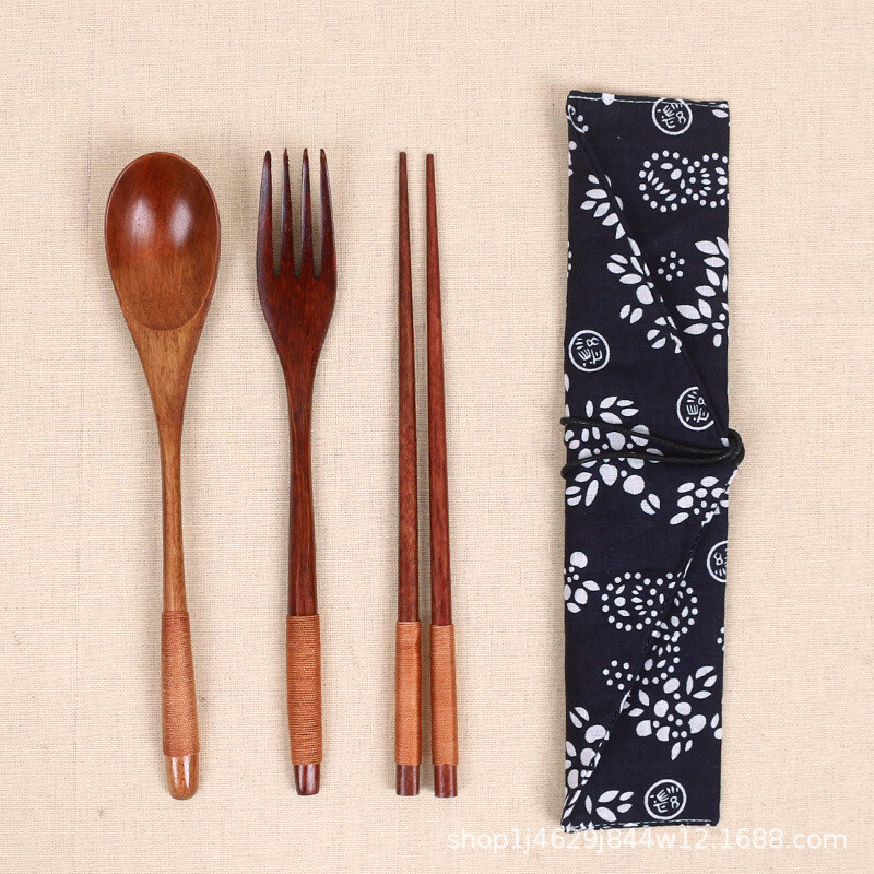 дървена японска и корейска тел, увита удобен комплект прибори за хранене, дървена вилица, лъжица, пръчици, комплект от три части, ученически дървени съдове за съхранение при пътуване