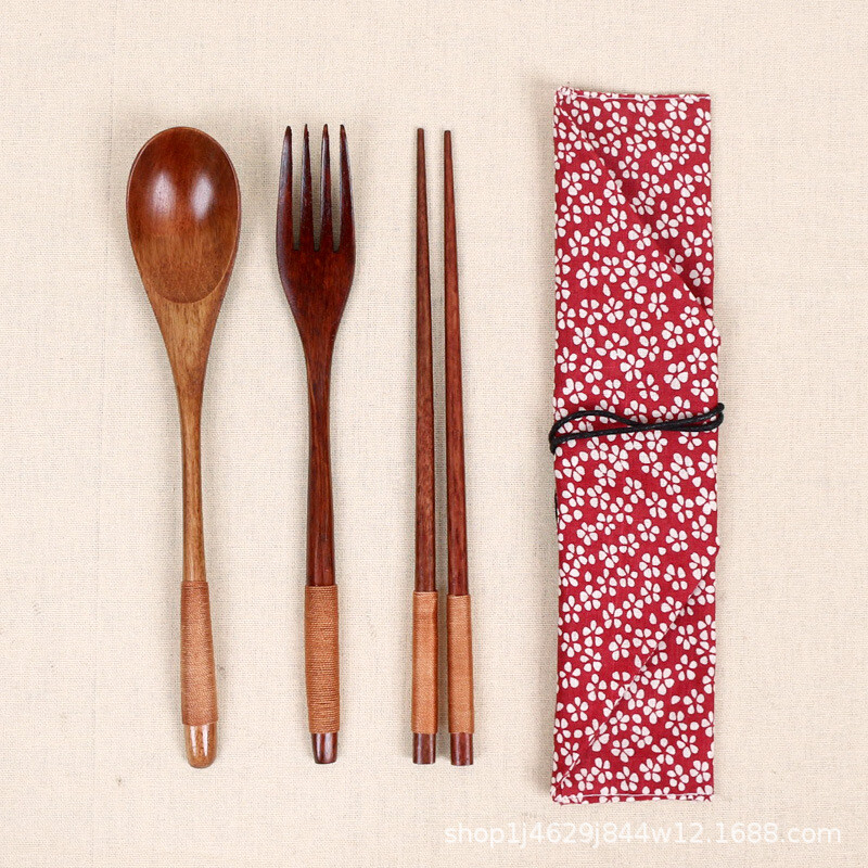 дървена японска и корейска тел, увита удобен комплект прибори за хранене, дървена вилица, лъжица, пръчици, комплект от три части, ученически дървени съдове за съхранение при пътуване