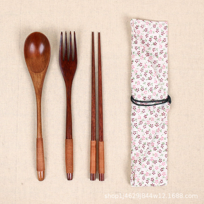 дървена японска и корейска тел, увита удобен комплект прибори за хранене, дървена вилица, лъжица, пръчици, комплект от три части, ученически дървени съдове за съхранение при пътуване