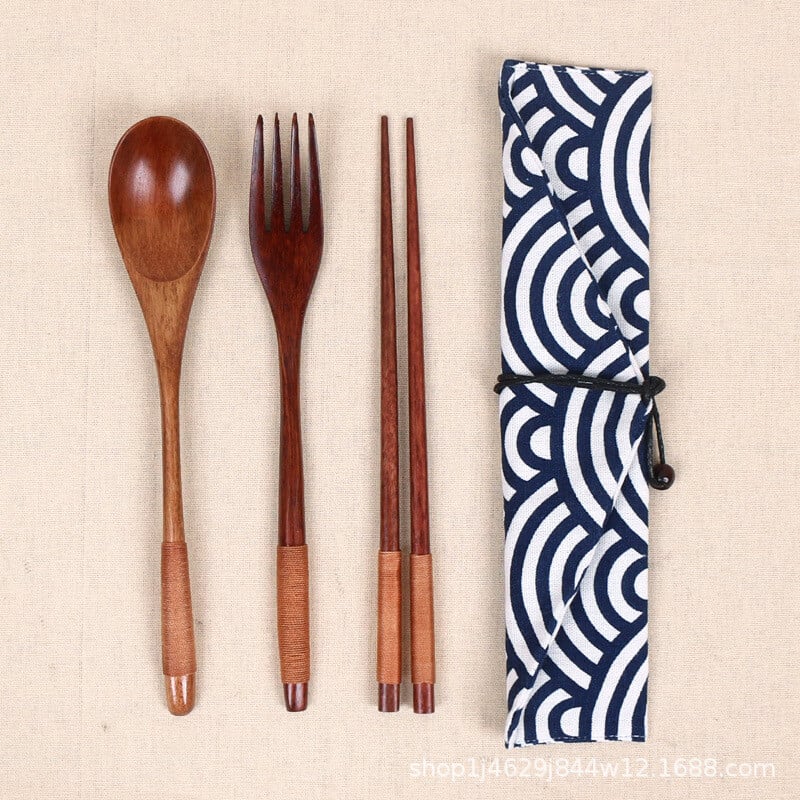 дървена японска и корейска тел, увита удобен комплект прибори за хранене, дървена вилица, лъжица, пръчици, комплект от три части, ученически дървени съдове за съхранение при пътуване