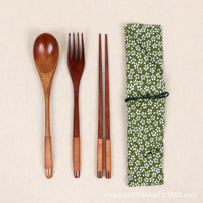 дървена японска и корейска тел, увита удобен комплект прибори за хранене, дървена вилица, лъжица, пръчици, комплект от три части, ученически дървени съдове за съхранение при пътуване