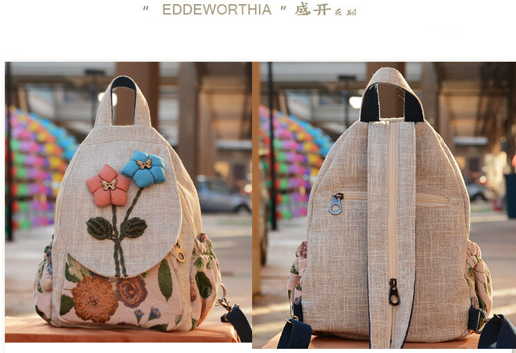 Jauna nacionālā stila literārā un mākslas mugursoma, rokām darināta soma, divslāņu atpūtas soma, viegla audekla mugursoma ar ziediem