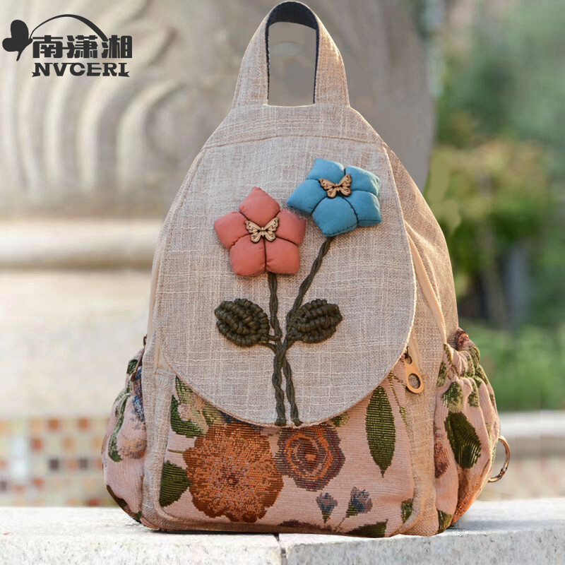 Jauna nacionālā stila literārā un mākslas mugursoma, rokām darināta soma, divslāņu atpūtas soma, viegla audekla mugursoma ar ziediem