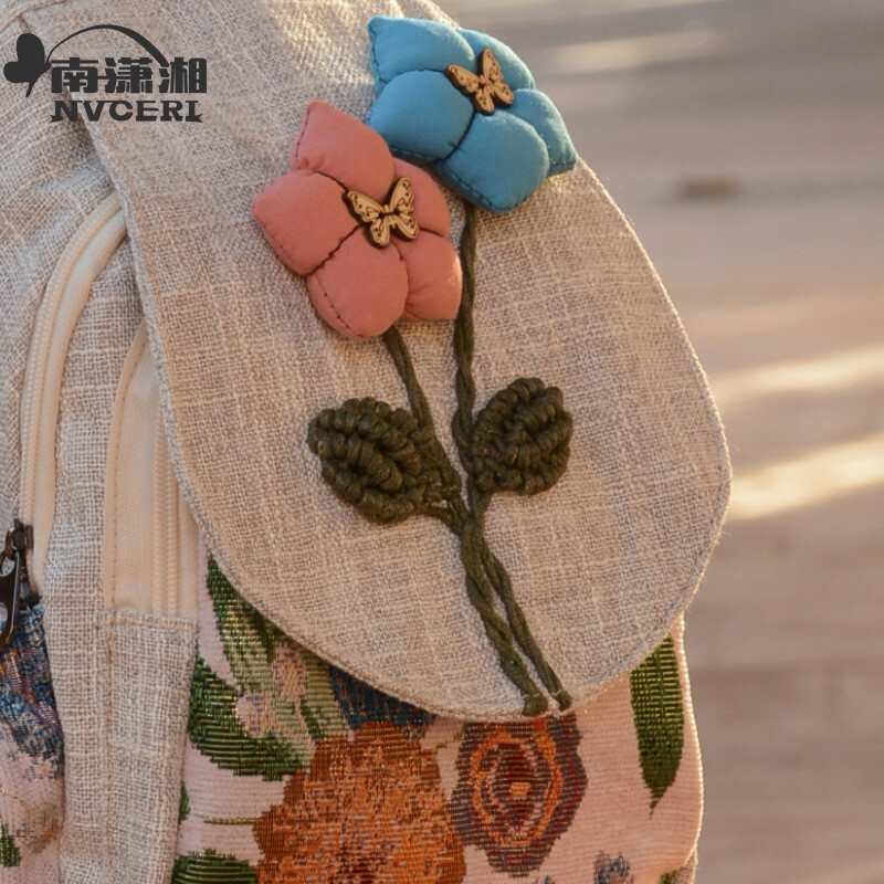 Jauna nacionālā stila literārā un mākslas mugursoma, rokām darināta soma, divslāņu atpūtas soma, viegla audekla mugursoma ar ziediem