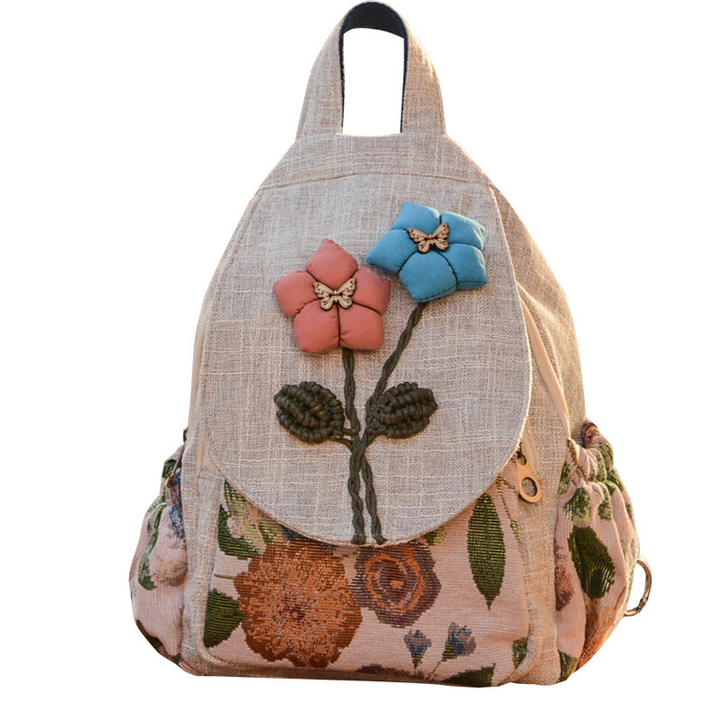 Jauna nacionālā stila literārā un mākslas mugursoma, rokām darināta soma, divslāņu atpūtas soma, viegla audekla mugursoma ar ziediem