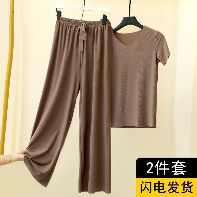 Moteriškas kostiumas ledinis šilkas laisvalaikio dviejų dalių marškinėliai trumpomis rankovėmis šaunios kelnės vasarinės korėjietiškos versijos plonos minkštos