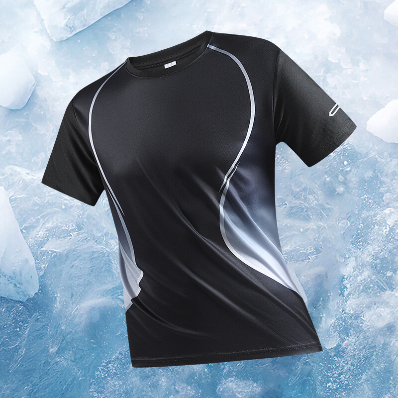 Marškinėliai trumpomis rankovėmis, vasariškas plonas ledinis šilkas, greitai džiūstantis, sportiškas, apvalus kaklo, trumpomis rankovėmis, didelis dydis, gradientas, kamufliažinis raštas, trumpomis rankovėmis per sieną
